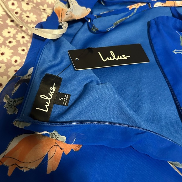 NEW Lulu’s Royal Blue Floral Print Lace-Up Skater Dress Women’s Size Small - Picture 7 of 9